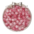 Pink crackle glass round beads for DIY jewelry displayed in a silver bow tray - Pink White Frosted Lampwork Beads