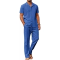 Men's summer breathable cotton linen set with blue short sleeve shirt and long pants - M / Blue