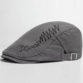 Dark gray cotton beret for men with side embroidery and adjustable metal buckle strap - Adjustable (55-59cm) / Gray