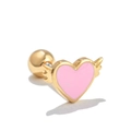 Detailed view of gold heart stud earring with pink wings and secure screw ball back - Pink Heart Wings