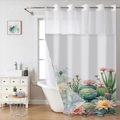 Detail view of double-layer cactus shower curtain with breathable white mesh header - SYL-2 (Sage Green Succulent Floral) / Single Shower Curtain / 181x188cm