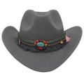 Dettaglio cappello cowboy in feltro grigio con fascia boho di perline e gemma turchese - M (56-58cm) / Grigio
