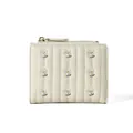 Creamy white quilted mini wallet with delicate floral embroidery and gold zipper detail - Off White