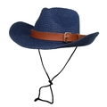 Detail eines dunkelblauen Cowboyhuts aus Stroh mit braunem Kunstlederband und Kinnriemen - M(56-58cm) / Marineblau