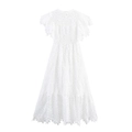 Elegantes weißes Midikleid aus Spitze mit Blumenstickerei, Rundhals und Rüschenärmeln - XS / Weiß