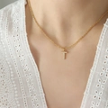 Gold plated titanium steel necklace featuring a crystal-encrusted letter T pendant - Letter T / Gold