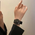 Minimalist quartz watch with black dial and strap shown on wrist for exams - Small Size - Scale Black Dial