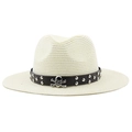 Men's and women's beige straw fedora hat with a black leather studded skull band - Creamy White