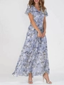 Light blue floral chiffon maxi dress with V-neckline and ruffled short sleeves for summer - S / Tops / Purple