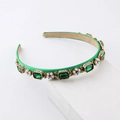 Elegant green satin headband featuring emerald green rhinestones and white pearls inlay - Green