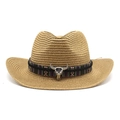 Detail of woven straw cowboy hat with ethnic band and metal longhorn skull emblem - M(56-58cm) / Khaki