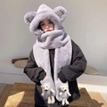 Light grey 3-in-1 plush bear hat with integrated scarf and mittens for winter warmth - Adult Thickened Bear Version / Gray