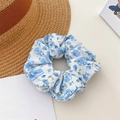 Elegant scrunchie with blue floral pattern on white fabric for high ponytail hairstyles - Rose Blue