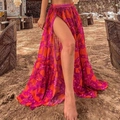 High waist beach skirt with bold orange and fuchsia abstract print and side slit - One Size / Single Sarong Skirt