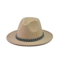 Detailed view of beige wool felt fedora featuring a stylish grey chain decoration - Beige(05)