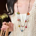 Ethnic handmade double-layer ceramic beaded necklace with wax cord for women - Style 1-Coffee-Multi-color