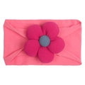 Detail of pink nylon elastic baby headband with a 3D knit magenta flower and grey center - Rose Red