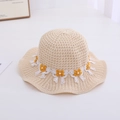 Children's woven straw sun hat in beige with white lace and yellow crochet bows - Pearl Flower / Circumference 50-53cm / Off White