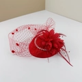 Elegant red vintage fascinator hat with veil, feathers and pearls for formal occasions - One Size / Red