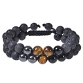 Bracciale intrecciato a due strati con occhio di tigre, pietra lavica e laccio regolabile - Bracciale Pietra Lavica