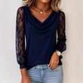 Haut bleu marine à col bénitier pour femme avec manches longues en dentelle élégantes - S / Bleu marine