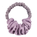Detail of a plush purple satin scrunchie with soft pleated texture on white background - Grey & Purple