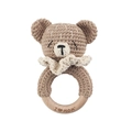 Handmade crochet bear baby rattle with a brown knitted head and I Love Mom wood ring - Carding Bear