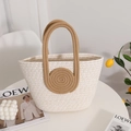 Handwoven cotton tote bag with round brown handles for summer beach vacations and daily use - White/Coffee