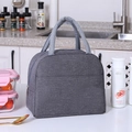 Gray insulated lunch bag with woven handles and front pocket for daily commute - Grey Simple Insulated