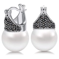 Boucles d'oreilles perles géométriques vintage avec accents argentés et strass noirs - Boucles d'Oreilles (E3731)