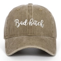 Detailed view of the vintage washed brown baseball cap with white Bad Bitch embroidery - Khaki
