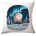 White Christmas throw pillow featuring a reindeer jumping under northern lights - Aurora Elk