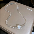 Irregular silver link necklace featuring a single large white pearl and lobster clasp - Single Pearl Crushed Silver Necklace - Silver