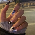 Unghie lunghe a pressione con stelle nere, bianche, blu e strass per donne - Stile Cielo Stellato Nero Bianco Viola (JP2612)