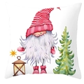 Macro detail of Christmas gnome pillowcase featuring a festive lantern and tree print - Style 26