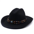 Close-up of wool fedora hat with ethnic bead band and turquoise stone detail - M (56-58cm) / Black