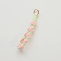 Handmade woven floral charm with pink and mint green blossoms and rose gold ring - Sakura Pink