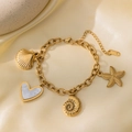 18K gold plated stainless steel marine bracelet with shell, starfish and heart charms - Gold