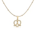 Golden pretzel pendant necklace with sparkling cubic zirconia on a beaded chain link - White Zirconia Pretzel Necklace / Gold