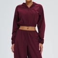 Bordeauxrode tweedelige sportset met korte hoodie en wijde sportbroek voor dames - S / Marinepaars