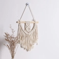Handmade cream white woven cotton rope tapestry with wooden rod on a white wall - Small Wood Stick Tassel