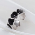Elegant silver open ring with black enamel heart motifs and a sleek minimalist finish - Adjustable Open / Silver Black Heart Bangle (JR276-S7)