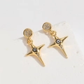 Gold star-shaped cross earrings with evil eye center and crystal accents on stone - Black Cross