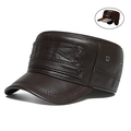 Dark brown leather flat top hat for men featuring foldable earflaps for winter warmth - 6-Stud Flat Top Military Cap Dark Coffee