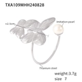 Silver hollow double-layer butterfly ring with white pearl accent in titanium steel - Hollow Butterfly Pearl Open Ring (TXA109) / Silver