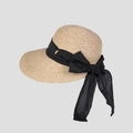 Detailed texture of raffia straw hat featuring elegant black chiffon bow and logo charm - M (56-58cm) / Black