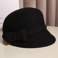 Chapeau cloche élégant en laine noire avec nœud, dentelle et strass brillants - M(56-58CM) Réglable / Noir