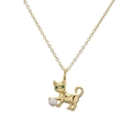 Golden cat pendant necklace with green zircon eyes and a white pearl on white background - Gold Pearl Cat