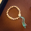 Vintage wooden prayer bead bracelet with fortune cat charm and colorful tassel detail - Single Circle Bracelet (1017-12#)