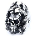 Gothic silver stainless steel ring featuring a skull entwined with serpents on white background - 25205